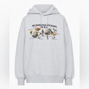 TNA Cozy Fleece Mushroom Picking in BC Graphic Boyfriend Hoodie Gray XS